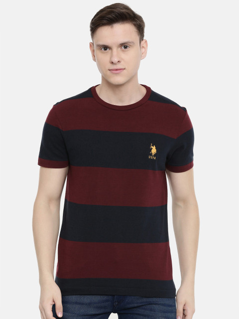 

U.S. Polo Assn. Men Maroon Navy Blue Striped Round Neck Pure Cotton T-shirt