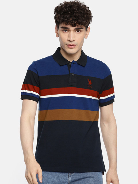 

U.S. Polo Assn. Men Navy Blue Brown Colourblocked Slim Fit Polo Collar Pure Cotton T-shirt