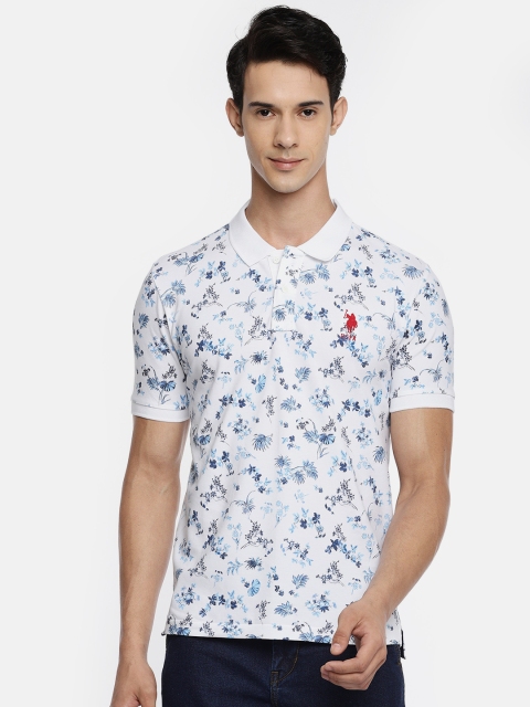 

U.S. Polo Assn. Men White & Blue Slim Fit Printed Polo Collar T-shirt