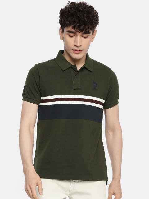 

U.S. Polo Assn. Men Olive White Green Pure Cotton Striped Polo Collar Pure Cotton T-shirt