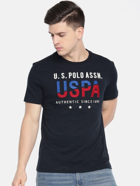 

U.S. Polo Assn. Men Navy Blue Printed Slim Fit Round Neck Pure Cotton T-shirt