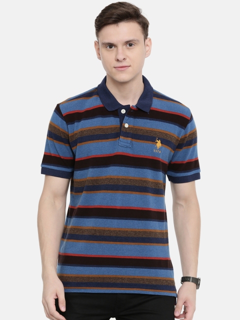 

U.S. Polo Assn. Men Blue Brown Striped Polo Collar Pure Cotton T-shirt