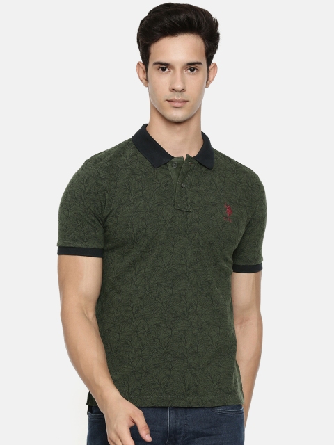 

U.S. Polo Assn. Men Olive Green Printed Slim Fit Polo Collar Pure Cotton T-shirt