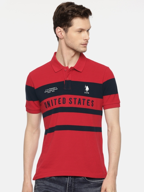 Men Red Navy Blue Slim Fit Striped Polo Collar Pure Cotton T-shirt