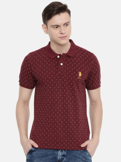 

U.S. Polo Assn. Men Maroon Beige Printed Polo Collar Pure Cotton T-shirt
