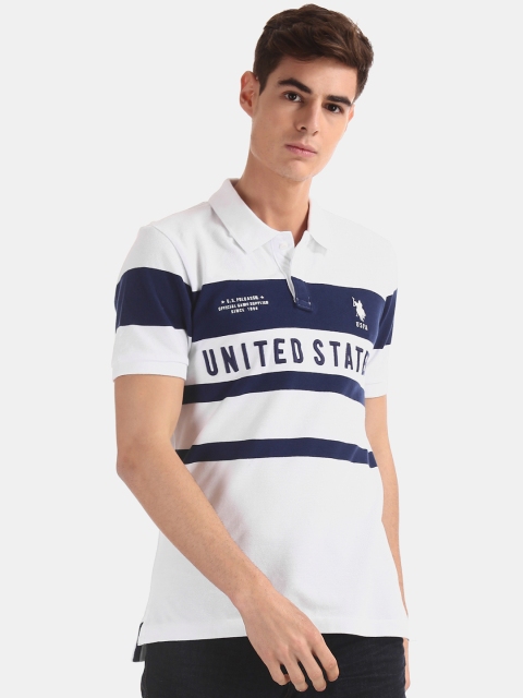 

U.S. Polo Assn. Men White Striped Polo Collar Pure Cotton T-shirt