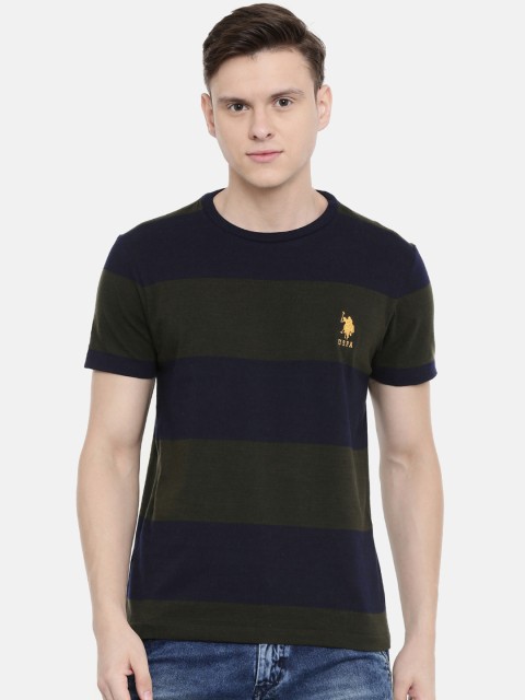 

U.S. Polo Assn. Men Navy Blue & Olive Green Striped Round Neck T-shirt