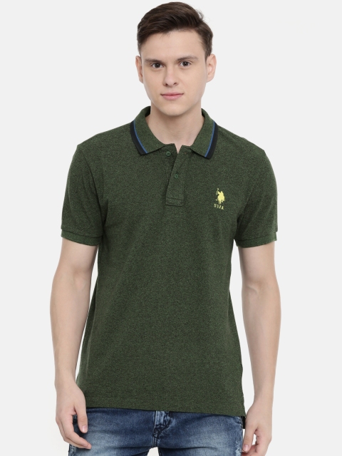 

U.S. Polo Assn. Men Green Solid Polo Collar Pure Cotton T-shirt
