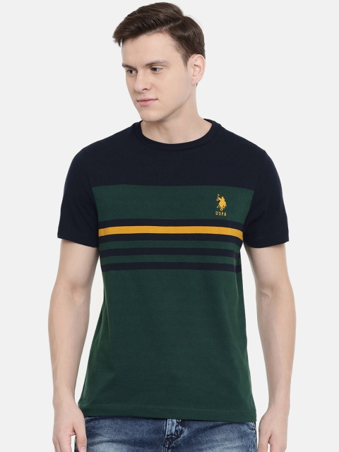 

U.S. Polo Assn. Men Green Navy Blue Striped Round Neck Pure Cotton T-shirt