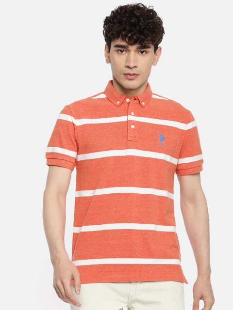 

U.S. Polo Assn. Men Coral Orange & White Striped Polo Collar T-shirt