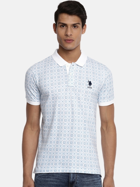 

U.S. Polo Assn. Men White & Turquoise Blue Printed Slim Fit Polo Collar T-shirt