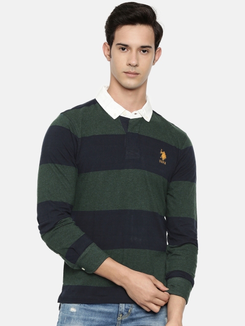 

U.S. Polo Assn. Men Olive Green Navy Blue Striped Polo Collar Pure Cotton T-shirt