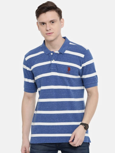 

U.S. Polo Assn. Men Blue White Striped Polo Collar Pure Cotton T-shirt