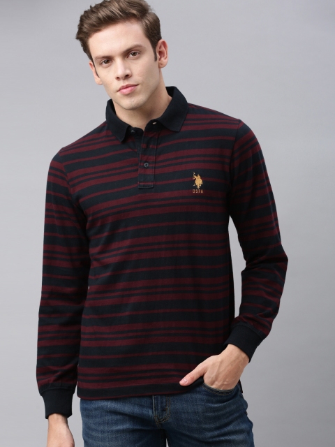 

U.S. Polo Assn. Men Maroon Striped Slim Fit Polo Collar T-shirt