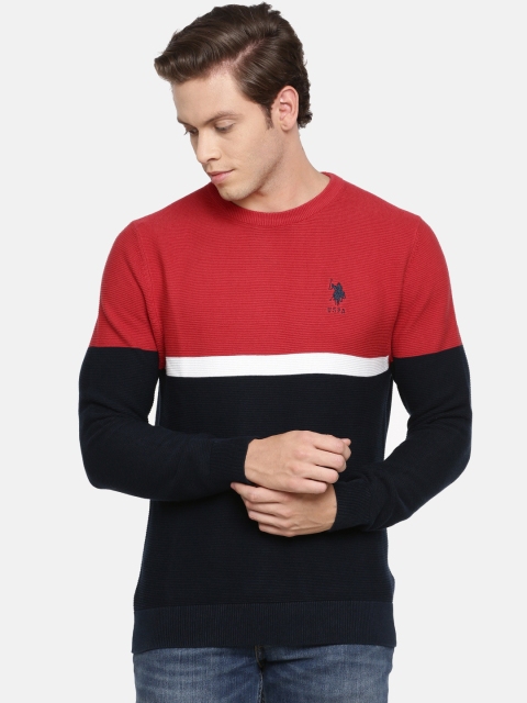 

U.S. Polo Assn. Men Red & Navy Blue Colourblocked Sweater