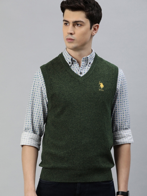 

U.S. Polo Assn. Men Olive Green Solid Wool Sweater Vest