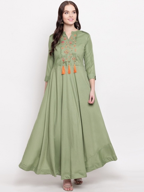 

Kvsfab Women Solid Olive Green Embroidered Maxi Dress