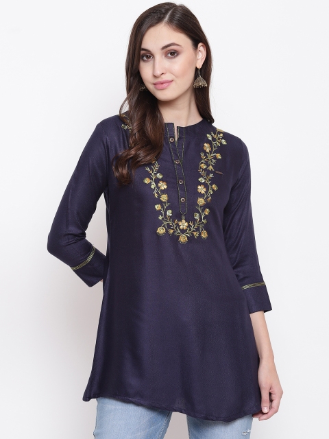 

Kvsfab Women Navy Blue & Gold-Coloured Embroidered A-Line Kurti
