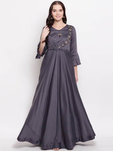 

Kvsfab Women Solid Grey Embroidered Maxi Dress