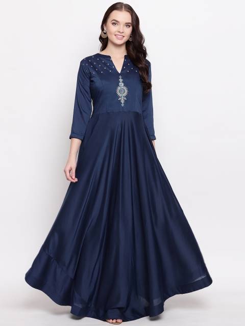 

Kvsfab Women Solid Navy Blue Embroidered Maxi Dress