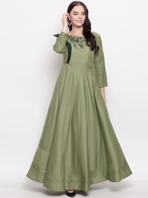 

Kvsfab Women Solid Olive Green Embroidered Maxi Dress