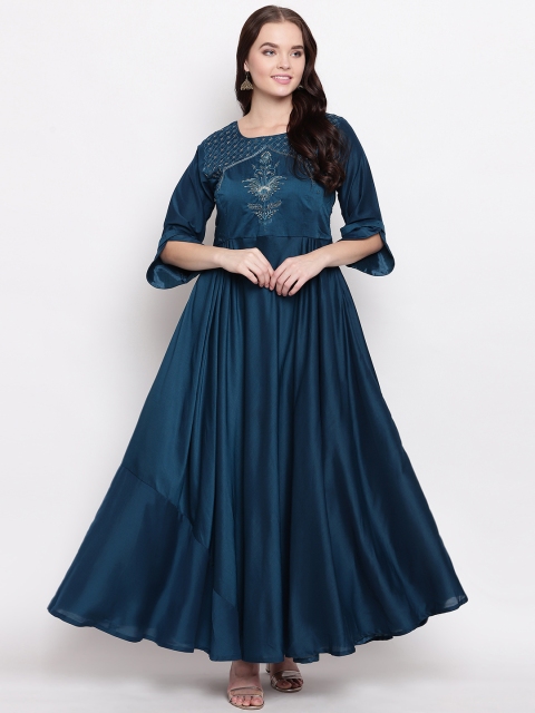 

Kvsfab Women Solid Teal Blue Embroidered Maxi Dress