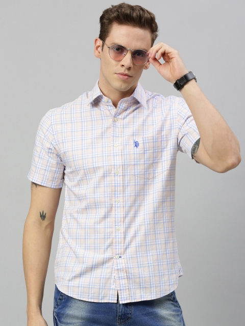 

U.S. Polo Assn. Men White & Peach-Coloured Tailored Fit Checked Casual Shirt