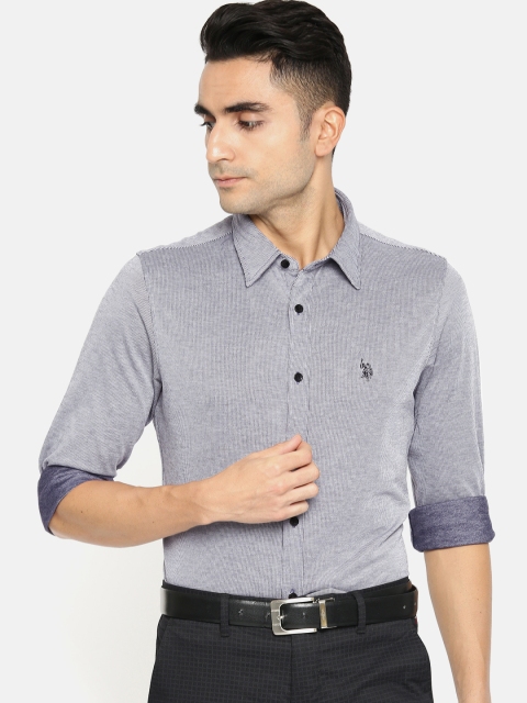 

U.S. Polo Assn. Tailored Men White & Navy Blue Slim Fit Striped Smart Casual Shirt