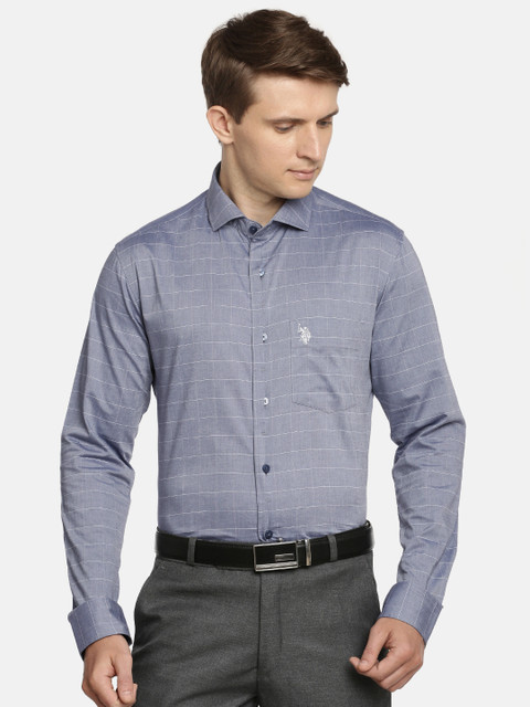 

U.S. Polo Assn. Tailored Men Blue & White Tailored Fit Checked Formal Shirt
