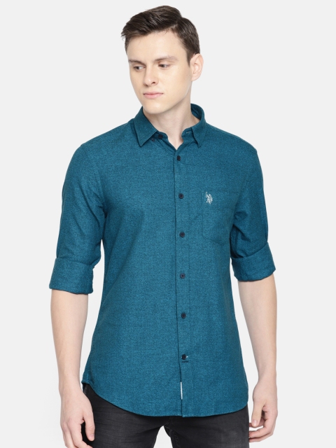 

U.S. Polo Assn. Men Teal Blue Tailored Fit Self Design Casual Shirt