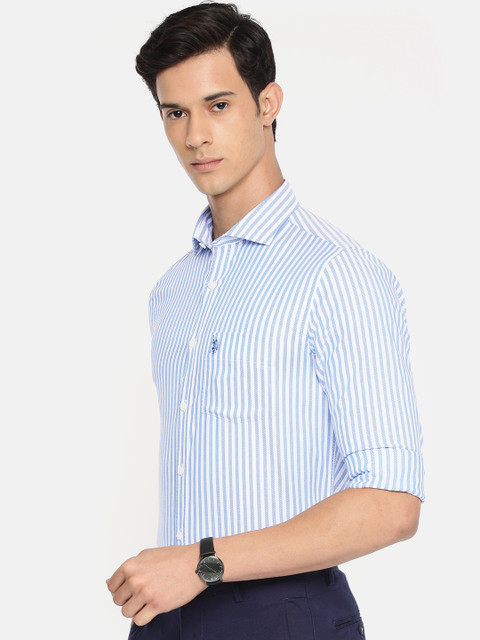 

U.S. Polo Assn. Tailored Men Teal Blue & White Tailored Fit Striped Smart Casual Shirt