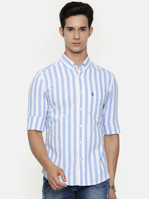 

U.S. Polo Assn. Men White & Blue Tailored Fit Striped Casual Shirt
