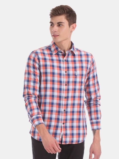 

U.S. Polo Assn. Men Orange & Navy Blue Regular Fit Checked Casual Shirt