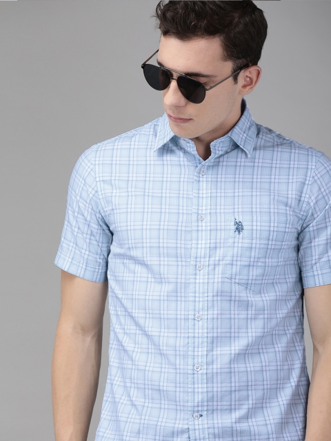

U.S. Polo Assn. Men Blue & White Tailored Fit Checked Casual Shirt