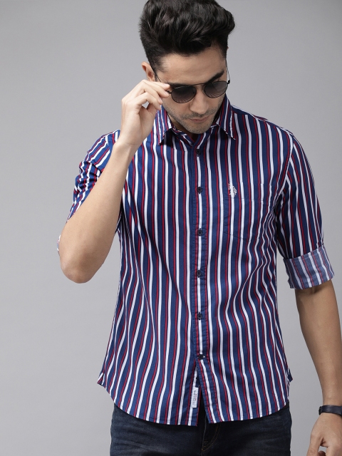 

U.S. Polo Assn. Men Navy Blue & White Tailored Fit Striped Casual Shirt
