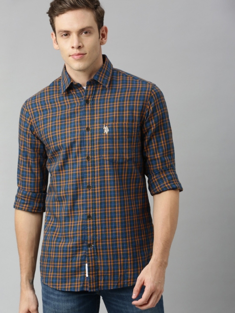 

U.S. Polo Assn. Men Blue & Mustard Yellow Tailored Fit Checked Casual Shirt