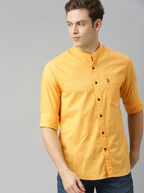 

U.S. Polo Assn. Men Mustard Yellow Solid Tailored Fit Mandarin Collar Casual Shirt