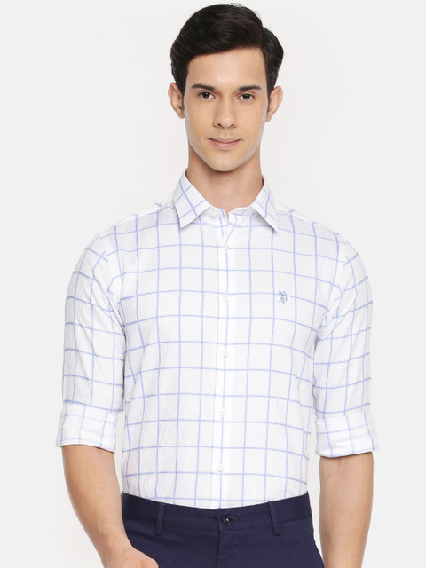 

U.S. Polo Assn. Tailored Men White & Blue Tailored Fit Checked Smart Casual Shirt