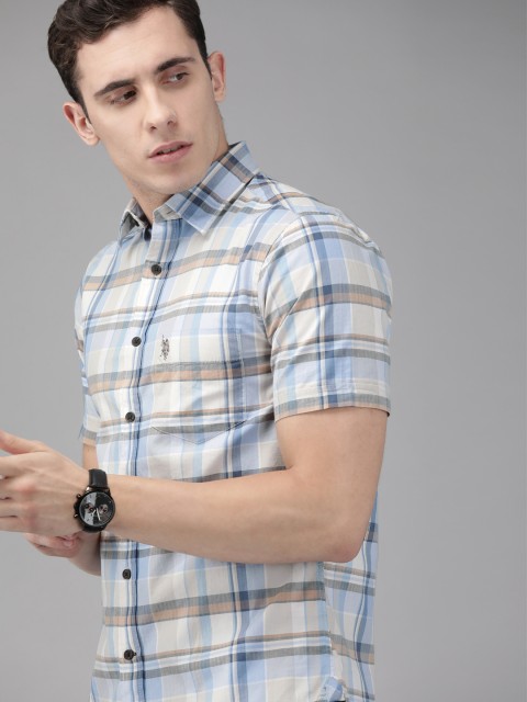 

U.S. Polo Assn. Men Blue & Beige Tailored Fit Checked Casual Shirt