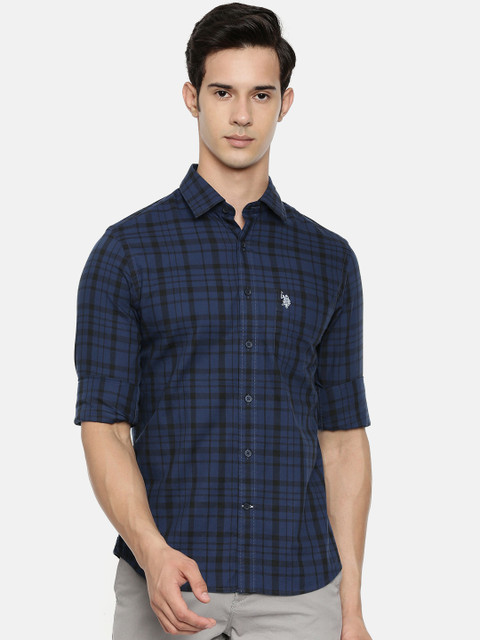 

U.S. Polo Assn. Men Navy Blue & Black Tailored Fit Checked Casual Shirt
