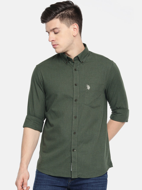 

U.S. Polo Assn. Men Olive Green Tailored Fit Solid Casual Shirt