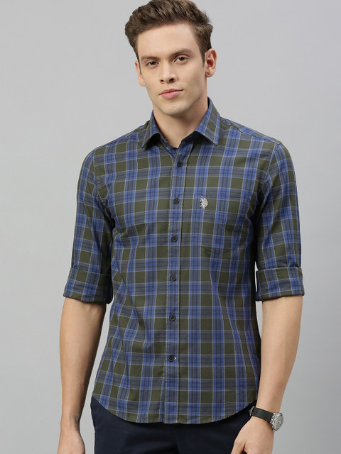 

U.S. Polo Assn. Men Olive Green & Blue Tailored Fit Checked Casual Shirt