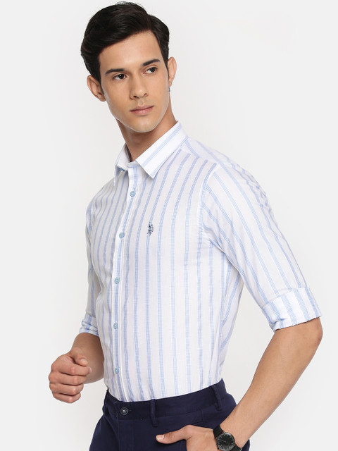 

U.S. Polo Assn. Tailored Men White & Blue Tailored Fit Striped Smart Casual Shirt