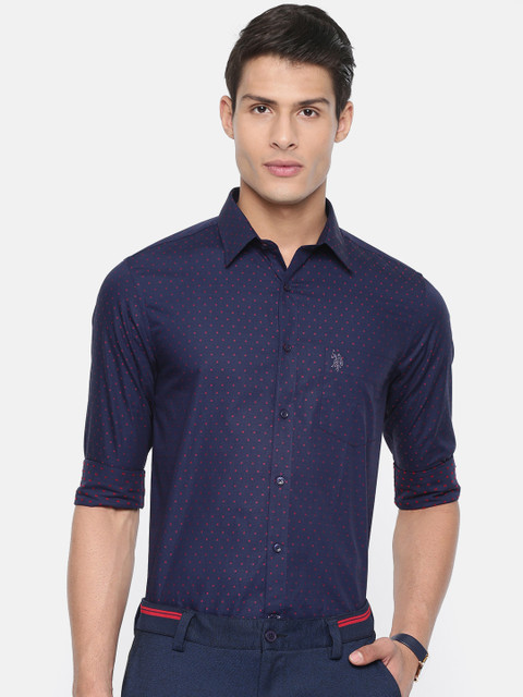 

U.S. Polo Assn. Tailored Men Navy Blue & Red Tailored Fit Self Design Smart Casual Shirt