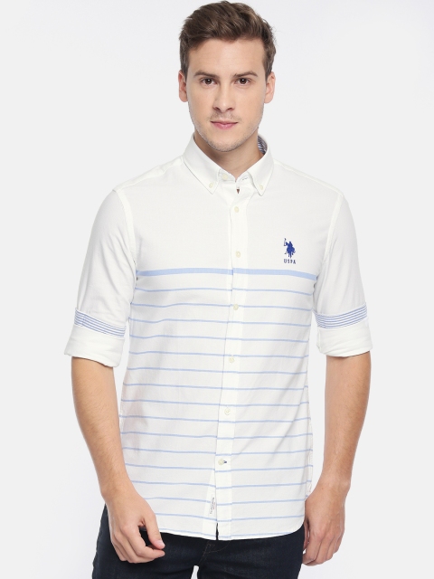 

U.S. Polo Assn. Men White & Blue Tailored Fit Striped Casual Shirt