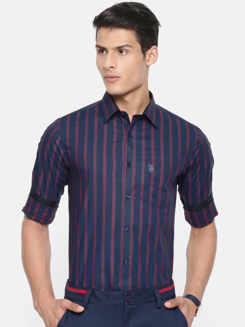 

U.S. Polo Assn. Tailored Men Navy Blue & Red Tailored Fit Striped Smart Casual Shirt