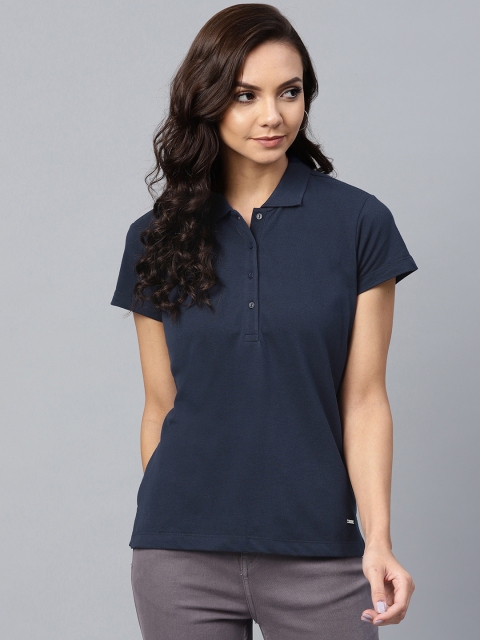 

Van Heusen Woman Women Navy Solid Polo Collar T-shirt, Navy blue