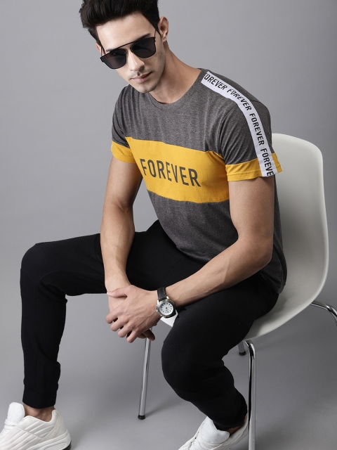 Men Charcoal Grey Mustard Yellow Colourblocked Round Neck Pure Cotton T-shirt