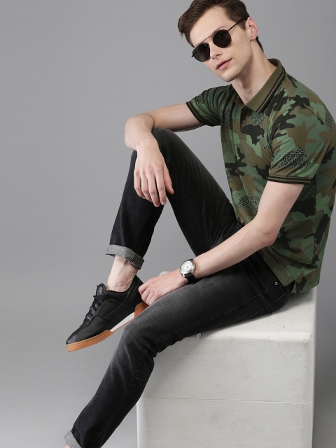 

Moda Rapido Men Olive Green Printed Polo Collar Pure Cotton T-shirt