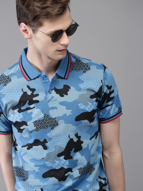 

Moda Rapido Men Blue Black Camouflage Printed Polo Collar Pure Cotton T-shirt